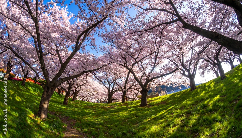 Enchanting Cherry Blossom Tunnel: Fisheye Perspective of Spring's Embrace Enchanting Cherry Blossom Tunnel: Fisheye Perspective of Spring's Embrace