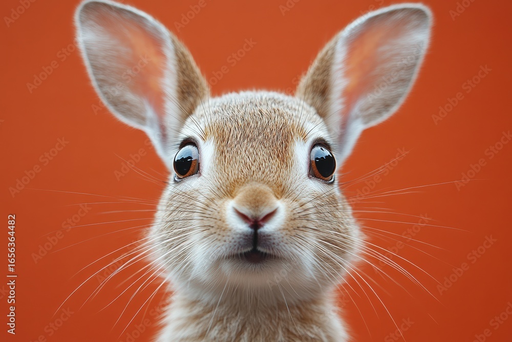 Obraz premium Close-up of a curious rabbit against a vibrant orange background in a playful setting