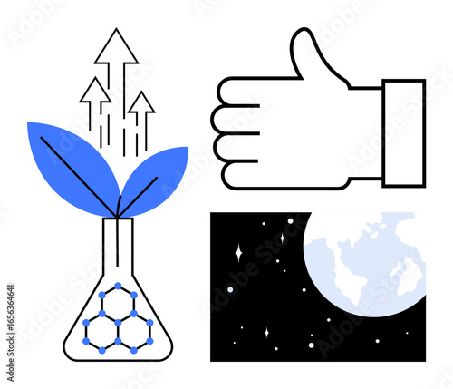 Plant growing in a chemical flask symbolizing eco-innovation, earth in space for global impact, and a thumbs-up for progress. Ideal for sustainability, ecology, technology, science, global issues