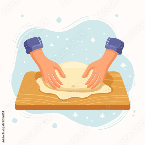 Hands Kneading Dough On Wooden Board