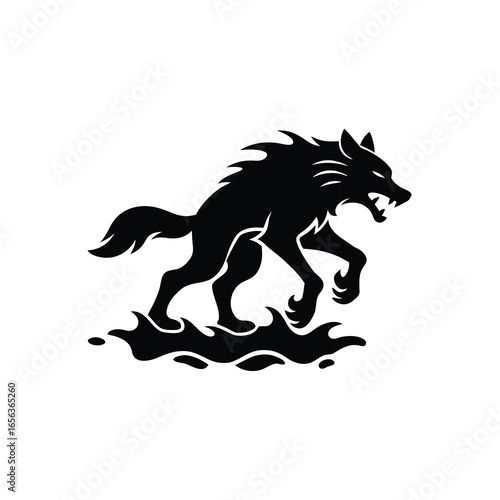 Vector art of black silhouette of a snarling wolf with spiky fur and a flowing mane, standing abstract wavy ground