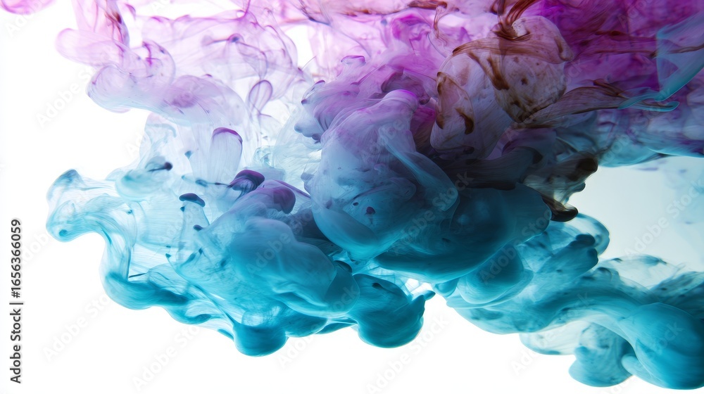 Obraz premium Silky colorful ink cloud swirling and dropping in clear water, abstract liquid motion on white background, vibrant dye splash forming smooth smoke texture for banner and design concepts