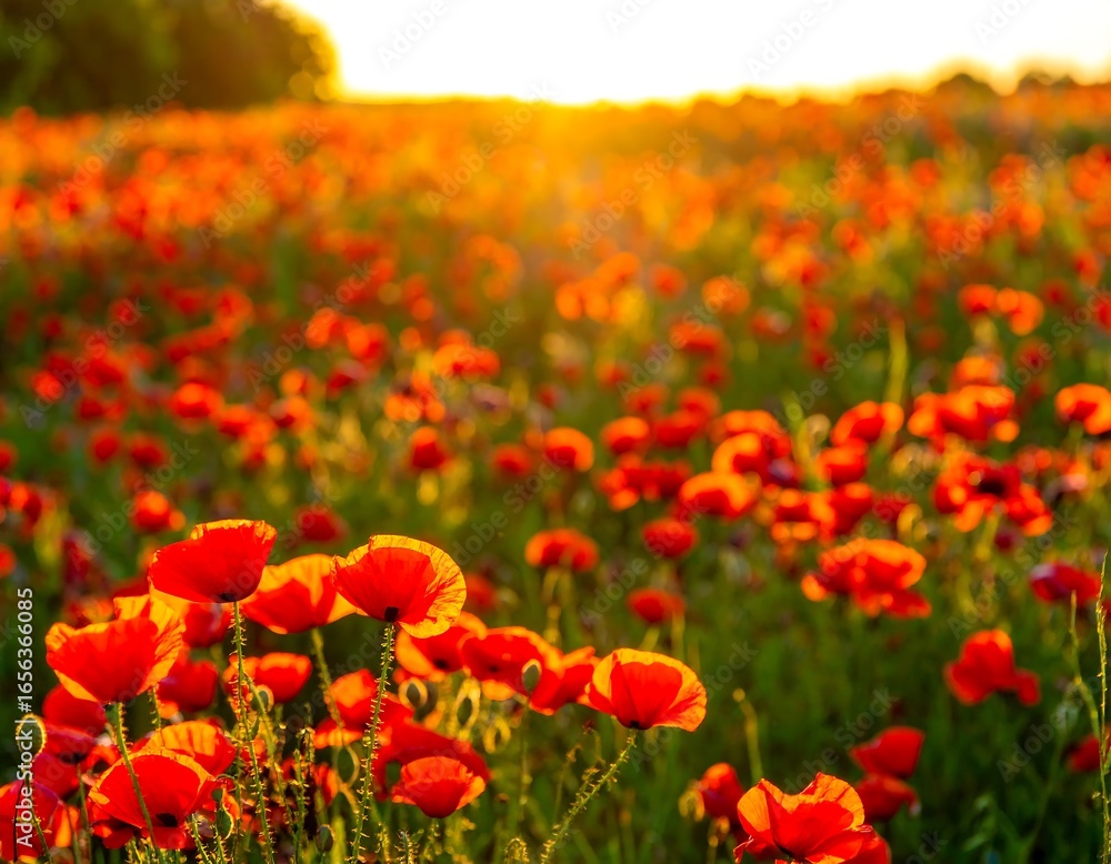 Fototapeta premium Vibrant poppy field at sunset