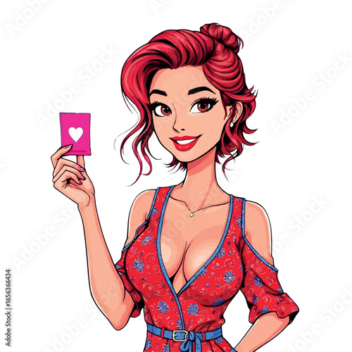 Vsai pop art woman showing love card with heart symbol