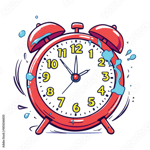 Vsai red alarm clock ringing showing time splashing with water