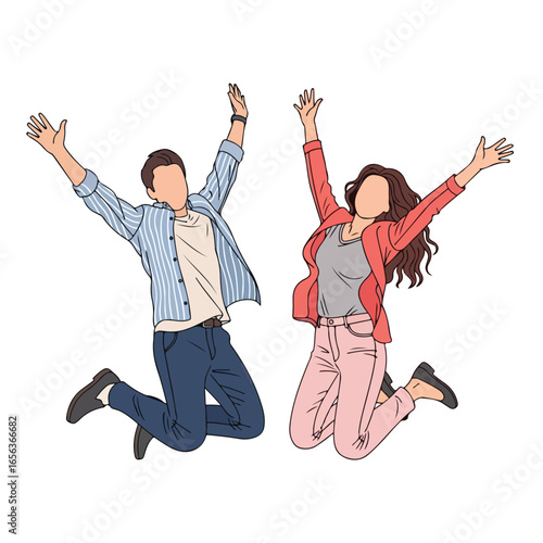 Joyful couple jumping for joy, celebrating a happy moment.
