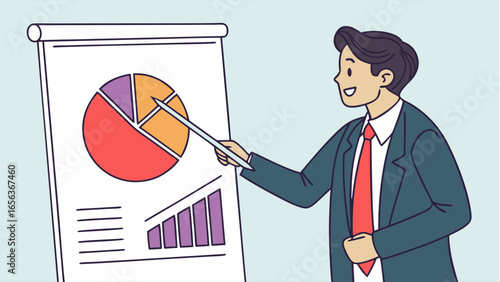 Business Presentation Man Explaining Pie Chart and Bar Graph on Flip Chart.