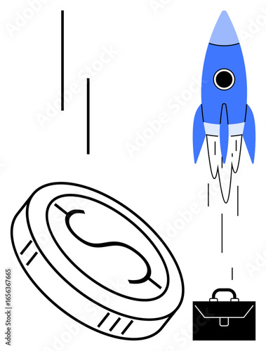 Coin, blue rocket, and briefcase represent financial growth, career progress, and innovation. Ideal for business success, investment, startup growth, finance strategy entrepreneurship economic
