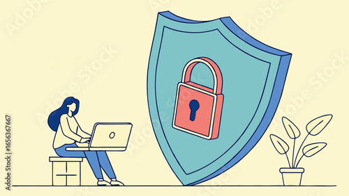 Digital Security Illustration Woman Laptop Shield and Padlock.
