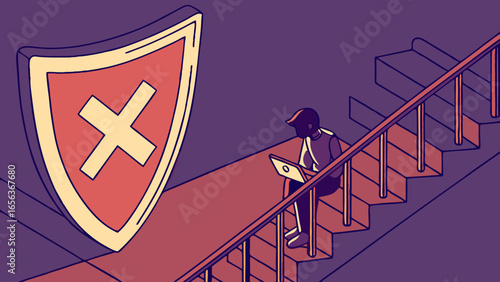 Digital Security Shield with Man Using Laptop on Stairs Illustration.