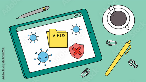 Digital Tablet Displaying Virus Folder and Security Shield Illustration.