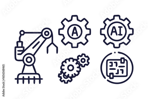 AI & Automation Bold Vector Icon Set - Robotic Arm & Circuit Symbols