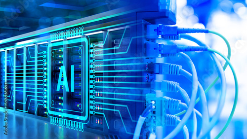 Equipment for artificial intelligence. AI development. Network technologies. Internet equipment with AI logo. Artificial intelligence technology internet modem with AI symbol close-up.