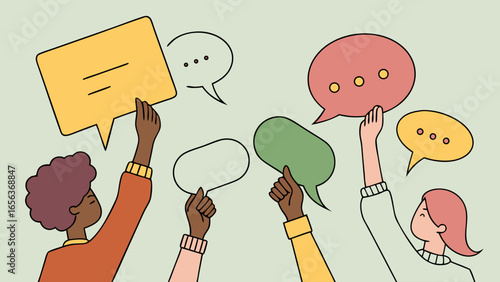 Diverse People Holding Colorful Speech Bubbles.