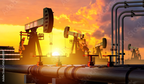 Oil industry. Petroleum fields at sunset. Oil rigs near pipeline. Hydrocarbon field. Crude oil extraction industry. Pumps for pumping petroleum out of ground. Gasoline, kerosene. 3d image