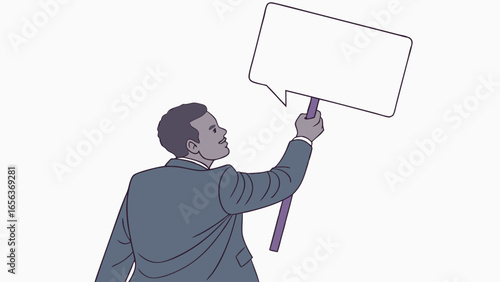 Businessman Holding Blank Protest Sign Side View.