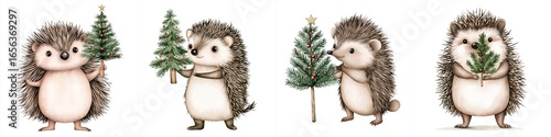 Festive hedgehogs holding tiny Christmas trees bring joy and cheer. These adorable animals celebrate holiday season with their cute decorations.