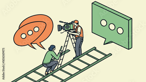 Film Crew Capturing Social Media Dialogue with Vintage Camera on Ladder.