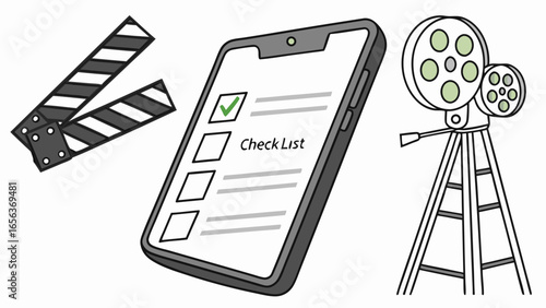 Filmmaking Checklist on Tablet with Clapperboard and Movie Camera.