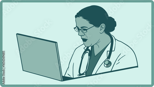 Focused Female Doctor Working on Laptop.