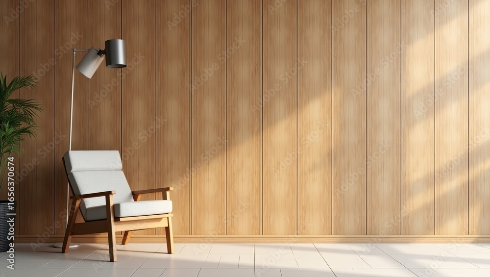Obraz premium Empty room with wooden wall paneling and a single armchair.