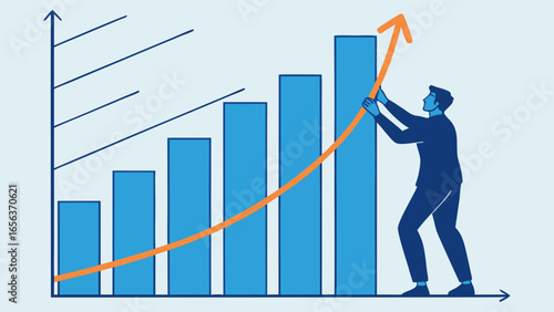 Businessman Pushing Growth Curve on Bar Graph.