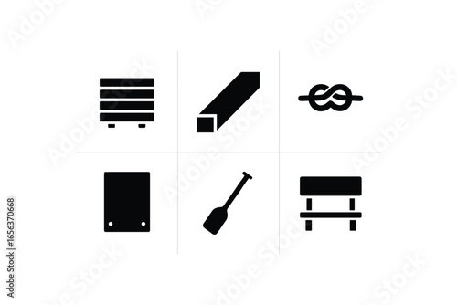flat black solid icon items isolated on white background vessel (raft): plank beam knot tarp paddle