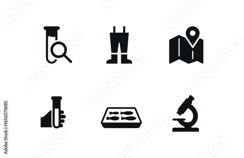 flat black solid icon items isolated on white background researcher (freshwater biologist): sample wader map test tray scope