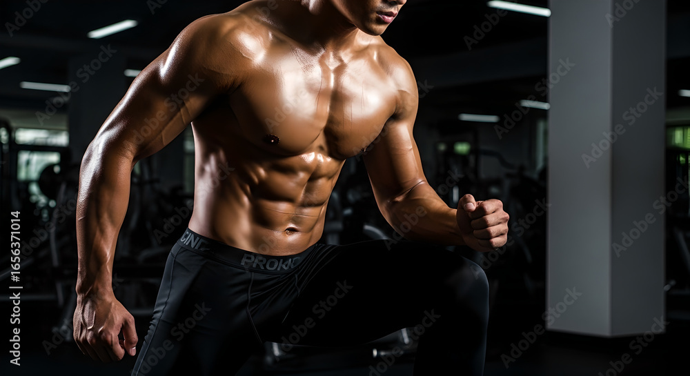 Fototapeta premium Shirtless muscular man with perfect six-pack showing off athletic body at gym