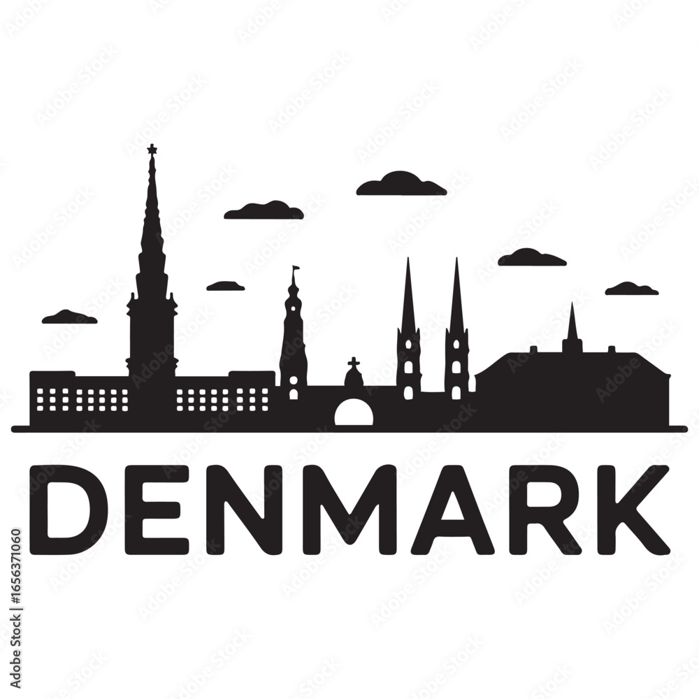 Naklejka premium Vector Denmark skyline. Travel Denmark famous landmarks. Business and tourism concept for presentation, banner, web site. Vector black silhouette. with white background