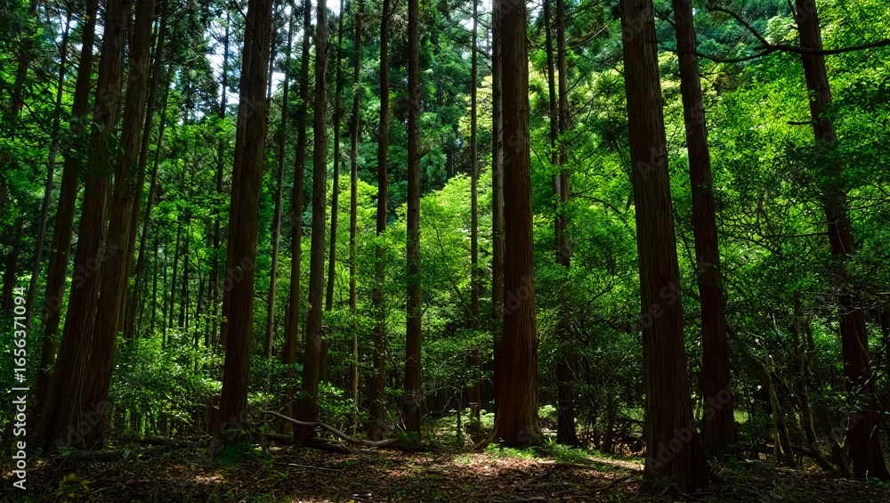 Fototapeta premium Lush Green Forest Landscape Sunlight Dappled Through Tall Trees