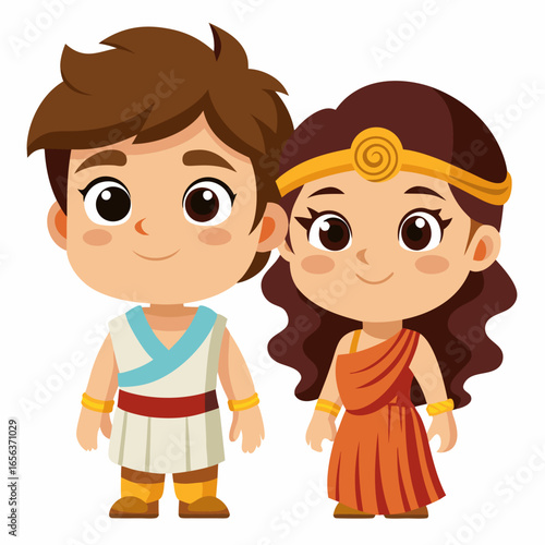 Adorable Cartoon Greek Children in Traditional Costumes