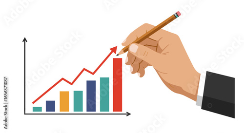 Growth chart analysis with hand and pencil for business success and financial performance tracking concept -