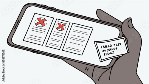 Hand Holding Smartphone Displaying Failed Test or Survey Results.
