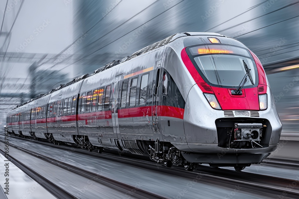 Obraz premium High-speed train in motion through a modern city station