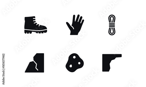 flat black solid icon items isolated on white background sport (rock scrambling): boot hand rope cliff grip ledge
