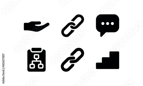 flat black solid icon items isolated on white background group (linked effort): hand chain chat plan step