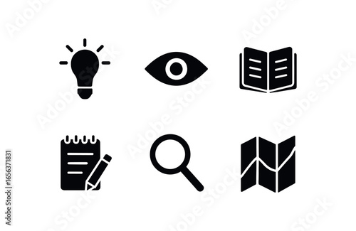 flat black solid icon items isolated on white background thinker (curious mind): bulb eye book note lens map