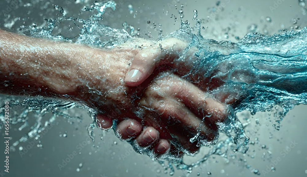 Fototapeta premium A creative visual of two hands shaking, contrasted by water splashes, symbolizing partnership and innovation in the digital age.