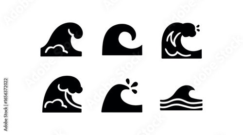 flat black solid icon items isolated on white background wave (rebound): crest foam curl crash spray shore
