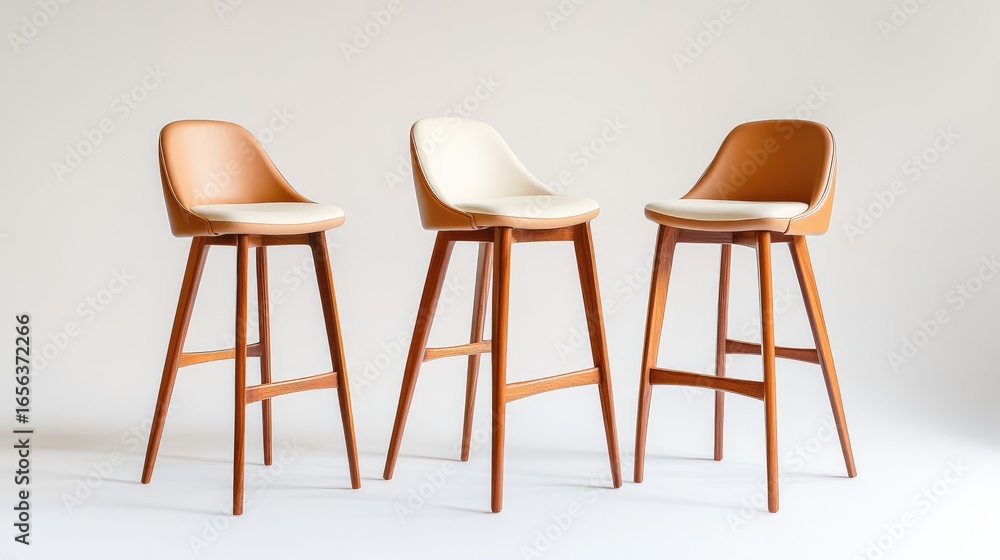 Fototapeta premium Classic mid-century style bar stools with cushioned leather tops and tapered wooden bases, white studio background