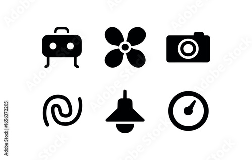 flat black solid icon items isolated on white background operator (seafloor drone): hull propeller camera cable light gauge