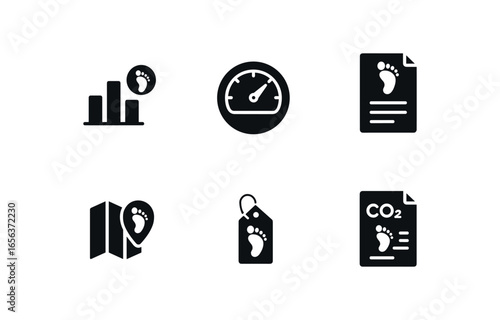 flat black solid icon items isolated on white background analyst (carbon footprint): chart meter file map tag report
