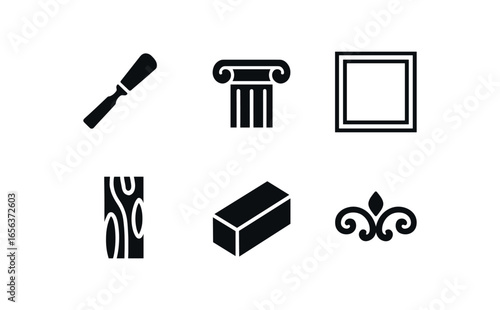 flat black solid icon items isolated on white background art (engraved column): chisel groove frame grain edge motif