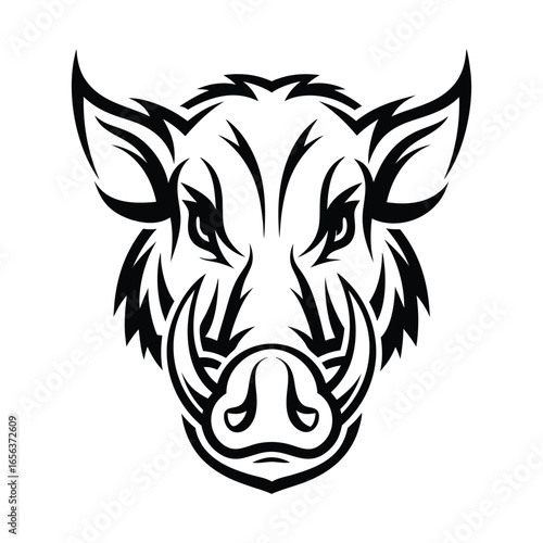 Stylized Boar Head Illustration with Sharp Tusks and Aggressive Expression in Black | Ai Generated