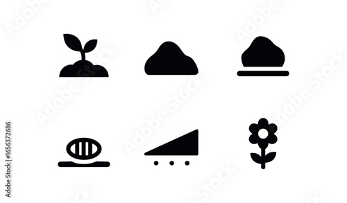 flat black solid icon items isolated on white background garden (swale): plant soil rock drain slope bloom