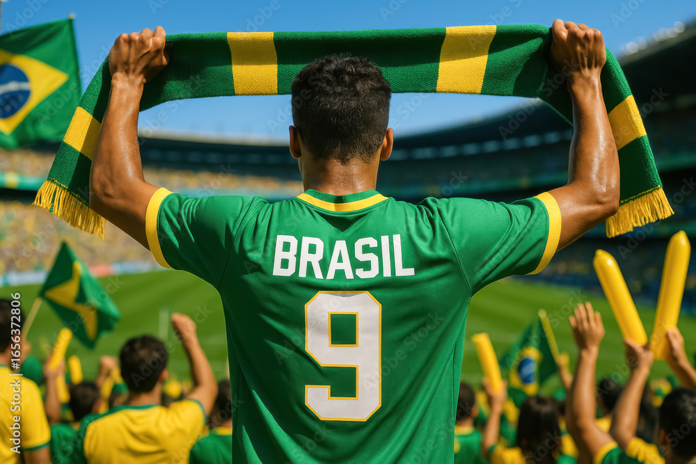 Fototapeta premium Brazilian supporter in green jersey holding Brasil scarf in stadium