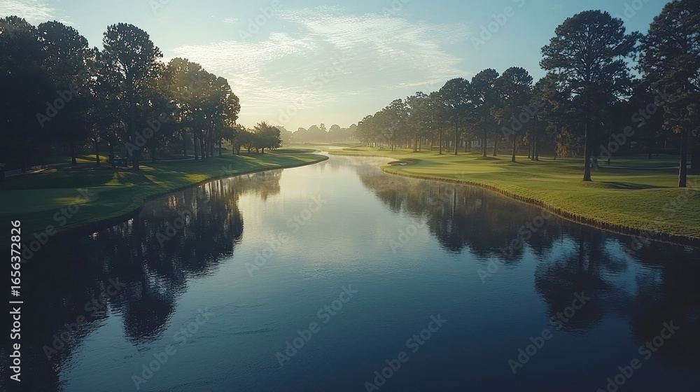 Fototapeta premium Serene Sunrise over Golf Course Waterway