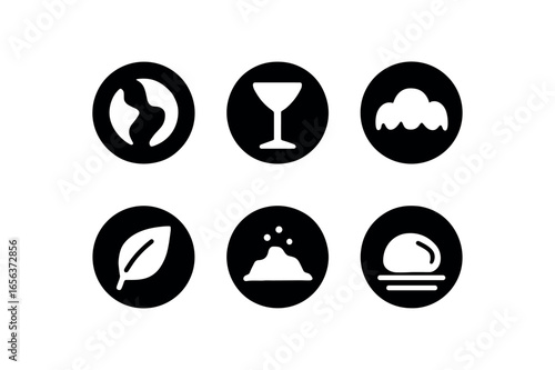 flat black solid icon items isolated on white background container (terrarium sphere): globe glass moss leaf soil stone