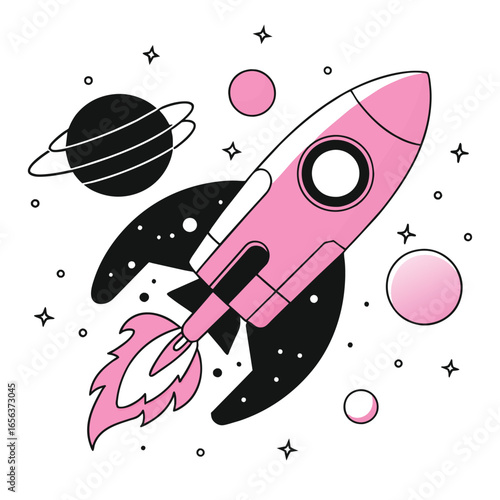 Startup Launch Concept with Rocket and Planets Flat Illustration